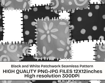 Black and White Patchwork Seamless Pattern PNG JPG, Abstract Grunge Quilt Digital Paper, Hand Drawn Patchwork Repeat Pattern, 12x12 Inches