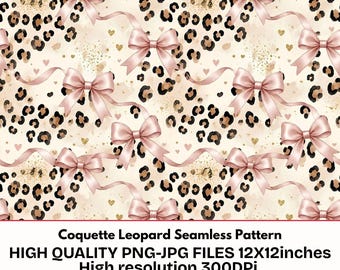 Coquette Leopard Seamless Pattern, Pink Bows Animal Print Digital Paper, Girly Cheetah Background, Glam Ribbon Fabric Design, Commercial