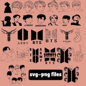 May include: A selection of black and white BTS-themed graphics and illustrations. Features portraits of band members, the BTS logo, the word "ARMY", and the text "svg-png files" on a pink backdrop.