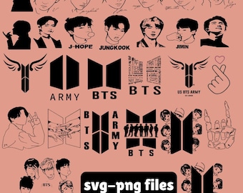 BTS Bundle SVG png,K-Pop Member Portraits, BTS Logo and  army Symbols,Cricut Cut Files, Silhouette, Digital Download for Stickers and Shirts