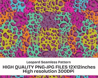 Colorful Leopard Seamless Pattern PNG JPG | Retro Animal Print Digital Paper | 12x12 Printable Seamless Background