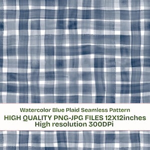 Könnte beinhalten: Nahtloses blaues Plaid-Muster in Aquarell. Das Design zeigt einen handgemalten Effekt mit einem Gitter aus blauen Linien auf weißem Hintergrund. Der Text im Bild lautet: "HIGH QUALITY PNG-JPG FILES 12X12inches High resolution 300DPi."