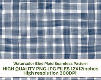 Watercolor Blue Plaid Seamless Pattern, Hand Painted Gingham Digital Paper, Farmhouse Checkered Background for Textile and Stationery