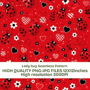 Pode incluir: Um padrão sem costura com joaninhas, corações e flores em um fundo vermelho. As joaninhas são vermelhas com manchas pretas, e os corações são pretos, xadrez vermelho e vermelho sólido. Flores brancas e o texto "Lady bug Seamless Pattern" também estão incluídos.