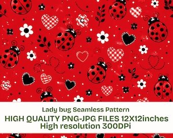 Ladybug Seamless Pattern | Red Cute Floral Bug Pattern | Hearts & Flowers Digital Paper | Kids Fabric Print | Scrapbook Background