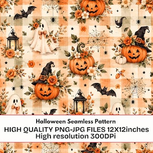 Op de afbeelding: Een naadloos Halloween-patroon met pompoenen, geesten, vleermuizen, lantaarns en spinnenwebben op een oranje en witte ruitjesachtergrond. Tekst: Halloween Seamless Pattern HIGH QUALITY PNG-JPG FILES 12X12inches High resolution 300DPi.