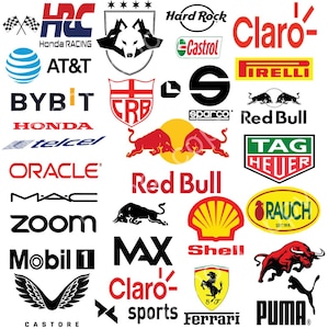 Może przedstawiać: Kolaż logo różnych marek, w tym Hard Rock, Red Bull i Puma. Loga są w różnych kolorach, w tym czerwonym, czarnym i żółtym. Obraz przedstawia logo wyścigów, sportu i innych marek komercyjnych.