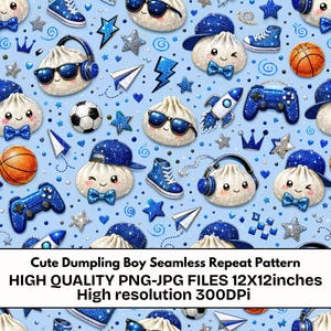 May include: A seamless pattern featuring cartoon dumplings with faces, wearing blue glittery baseball caps, bow ties, and headphones. The design includes blue glittery sneakers, basketballs, game controllers, rockets, paper planes, and stars on a light blue background.