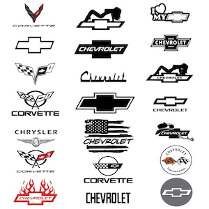Pode incluir: Uma coleção de decalques de carros em preto e branco com os logotipos Corvette e Chevrolet. Os designs incluem o emblema Corvette, a gravata borboleta Chevrolet e gráficos estilizados com texto.