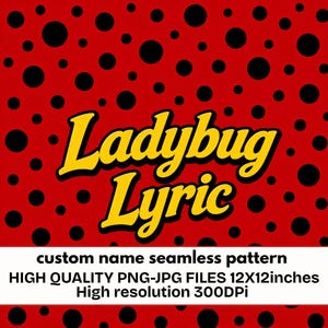 Ladybug Seamless Repeat Pattern PNG & JPG | Red and Black Polka Dot Custom Name Fabric Print | 12x12 Inch Digital Paper