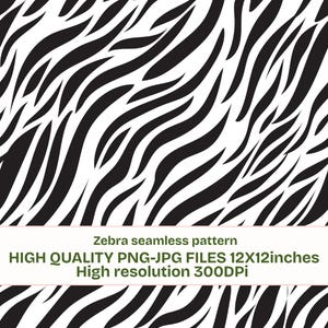 May include: A seamless zebra pattern in black and white. The design features curved, irregular stripes. Text at the bottom reads "Zebra seamless pattern" and "HIGH QUALITY PNG-JPG FILES 12X12inches High resolution 300DPI".
