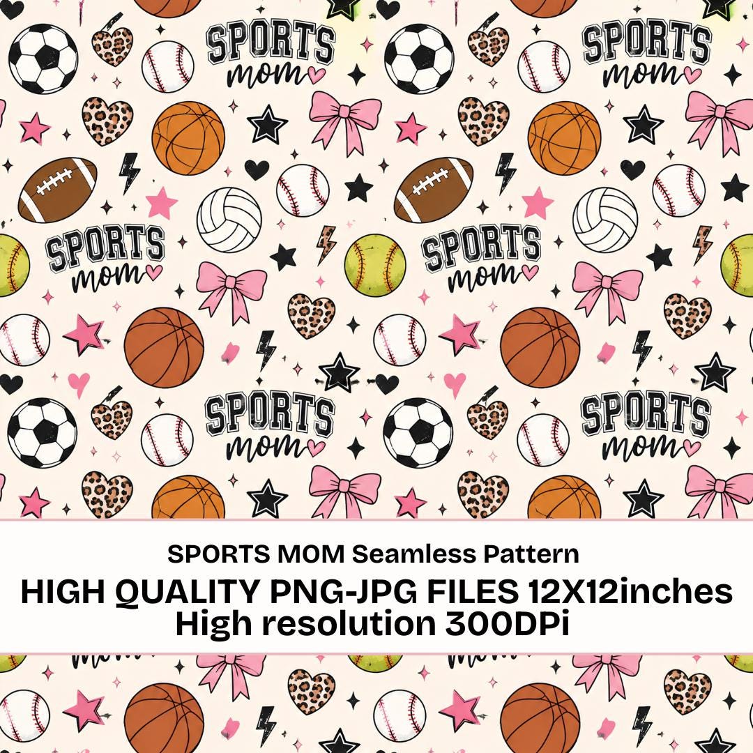 Sports Mom Seamless Pattern PNG JPG, Sports Balls Digital Paper, Cute ...