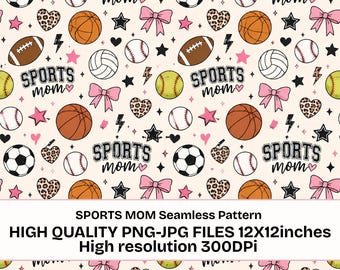 Sports Mom Seamless Pattern PNG JPG, Sports Balls Digital Paper, Cute Coquette Sports Pattern, Baseball Soccer Basketball Football Pattern