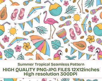 Summer Tropical Seamless Pattern, Colorful Beach Party Doodle Print with Flamingos and Parrots, Hand-Drawn Digital Paper, 12x12 Print