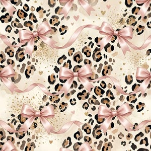 May include: A repeating pattern featuring a leopard print background with pink bows and ribbons. The design includes gold glitter and small pink hearts, creating a feminine and decorative aesthetic.