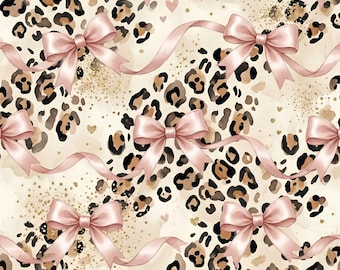 Coquette Leopard Seamless Pattern, Pink Bows Animal Print Digital Paper, Girly Cheetah Background, Glam Ribbon Fabric Design, Commercial