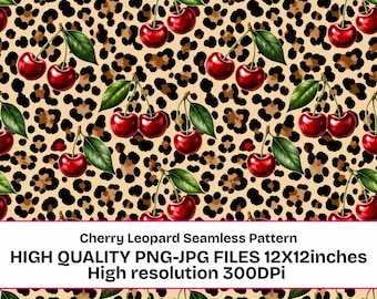 Cherry Leopard Seamless Pattern PNG & JPG – Retro Coquette Animal Print Digital Paper 12x12 Inches