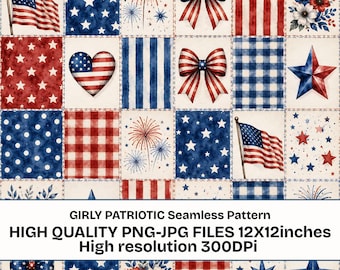 Patriotic Seamless Pattern PNG, 4th of July Digital Paper, USA Watercolor Patchwork Background, American Flag Scrapbook Paper, 12x12 Inches