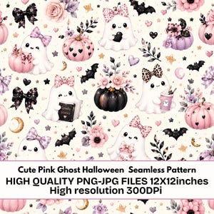 May include: A seamless pattern featuring white ghosts with pink bows, pink and black pumpkins, black bats, stars, moons, and hearts on a cream background. Text reads: Cute Pink Ghost Halloween Seamless Pattern HIGH QUALITY PNG-JPG FILES 12X12inches.
