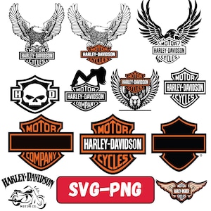 May include: Collection of Harley-Davidson logos and emblems in black, orange, and white. Designs include eagle wings, a skull, and motorcycle illustrations. The text "SVG-PNG" is displayed on a red rectangle.