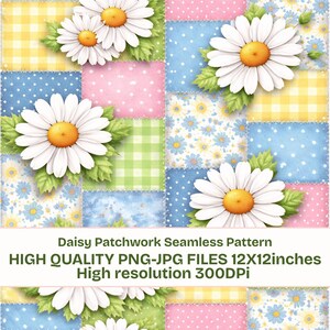 May include: A seamless patchwork pattern with large white daisies with yellow centres and green leaves. The background is made up of squares in pastel colours, including pink, blue, and yellow, with polka dots, gingham, and floral patterns. The text reads "Daisy Patchwork Seamless Pattern".
