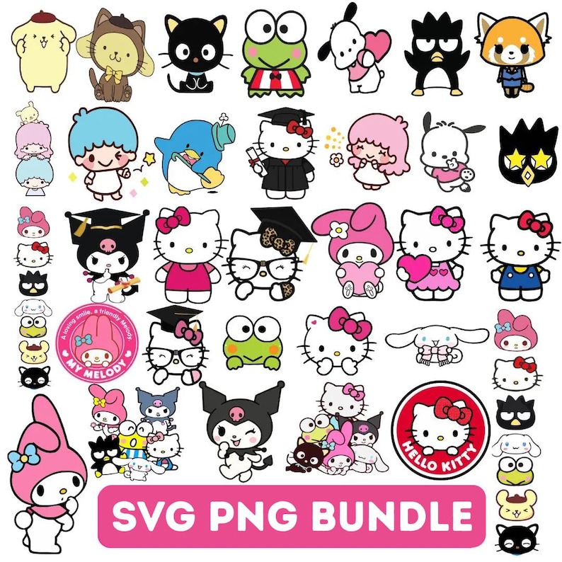May include: A collection of Sanrio character illustrations including kawaii,and others in various poses and outfits. The image features multiple individual character graphics and two circular logos with text.