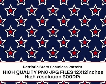 Patriotic Stars Seamless Pattern PNG JPG, USA Red White Blue Star Digital Paper, 12x12 Inch Repeat Pattern, Fourth of July Background