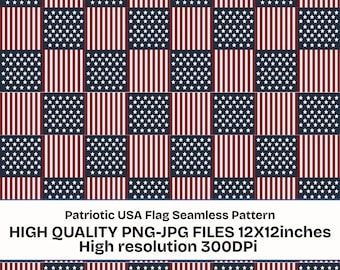 Patriotic USA Flag Seamless Pattern PNG JPG, American Flag Digital Paper, Red White Blue Stars Stripes Pattern, 12x12 Inch Seamless Design