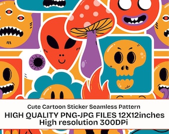 Cute Cartoon Sticker Seamless Pattern PNG JPG, Funny Emoji Digital Paper, Colorful Kawaii Seamless Background, 12x12 Inch Pattern Design