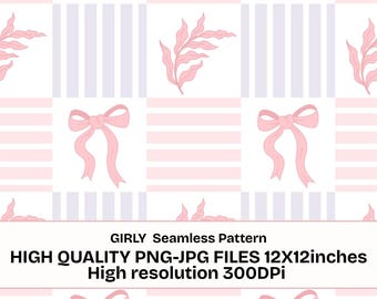 Pink Coquette Seamless Pattern PNG JPG | Cute Bow & Floral Digital Paper | 12x12 Scrapbook Background Printable Pattern