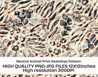 Neutral Animal Print Seamless Pattern PNG JPG, Abstract Leopard Zebra Safari Pattern, Trendy Wildlife Digital Paper for Fabric & Sublimation