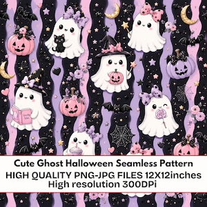 Söt spöke Halloween sömlöst mönster PNG JPG | 12 x 12 tum digitalt papper | Kawaii spökrosettmönster | Pastell Halloween tygtryck