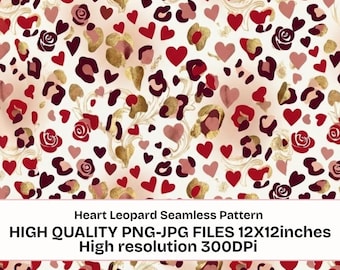 leopard  Seamless Pattern PNG JPG PDF, Heart Leopard Print Digital Paper, Romantic Floral Pattern, 12x12 Scrapbook Paper, Love Background
