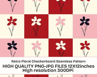 Retro Floral Checkerboard Seamless Pattern PNG JPG | Vintage Flower Digital Paper | 12x12 Seamless Background