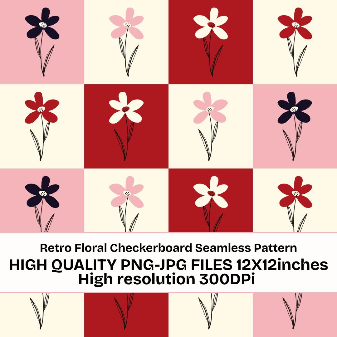 Retro Floral Checkerboard Seamless Pattern PNG JPG | Vintage Flower ...