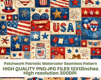 Patriotic Seamless Pattern, watercolor USA Flag Digital Paper, 4th of July Vintage Collage Pattern, American Independence Background,PNG JPG