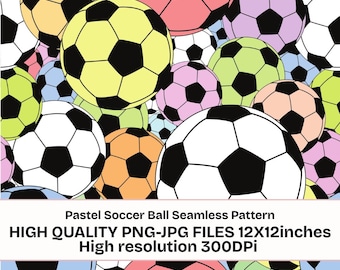 Pastel Soccer Ball Seamless Pattern PNG JPG, Colorful Football Repeat Pattern, Sports Digital Paper, Kids Sports Background, 12x12 Inch