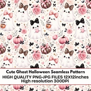 Può includere: Un motivo senza giunture con fantasmi bianchi con fiocchi, zucche rosa e rose su sfondo crema. Il testo recita: Cute Ghost Halloween Seamless Pattern HIGH QUALITY PNG-JPG FILES 12X12inches High resolution 300DPi.