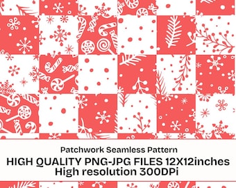 Christmas Patchwork Seamless Pattern PNG JPG, Holiday Candy Cane Digital Paper, Winter Snowflake Seamless Background, 12x12 Inch Pattern