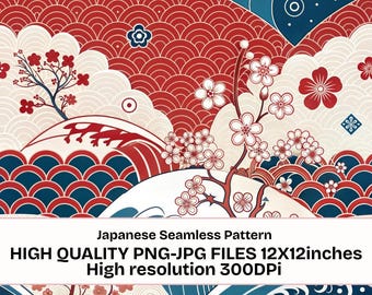 Japanese Seamless Pattern PNG JPG | Asian Wave & Sakura Digital Paper | 12x12 Oriental Floral Seamless