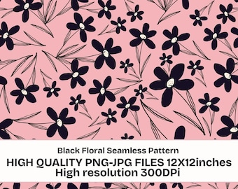 Black Floral Seamless Pattern PNG JPG | Pink Flower Digital Paper | 12x12 Botanical Seamless Background