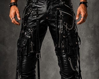 Men Leather Cargo Pant with Chains | Gothic Strappy Punk Leather Trousers, Alternative Fashion pants
