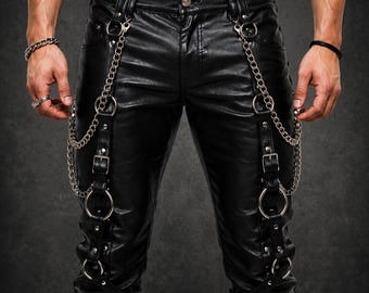 Men's Gothic Leather Pants with Chains O Rings and Buckle Straps, Punk Biker Trousers, Alternative Streetwear Fashion