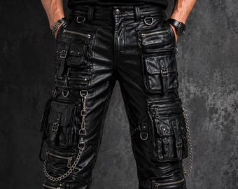 Men Leather Cargo Pants, Multi Pocket Utility Trousers, Genuine Sheep Leather Techwear Pant, Gothic Streetwear Fashion