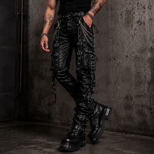 Men's Black Leather Gothic Cargo Pants, Punk Biker Trousers with Chains & Straps, Alternative Streetwear Buckle Utility Pants