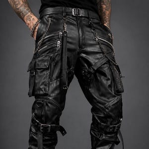 Puede incluir: Pantalones de cuero negro con múltiples bolsillos, cremalleras y correas. Los pantalones de estilo cargo tienen detalles de cadena plateada y se combinan con botas de combate negras. El diseño es atrevido y moderno.