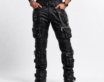 Leather Utility Cargo Pants for Men, Biker Style Multi Pocket Trousers, Gothic Punk Fashion Streetwear Pants