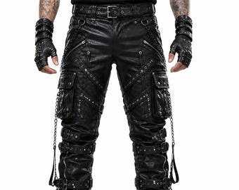 Men’s Black Genuine Sheep Leather Gothic Pants with Straps Chains and Biker Punk Style