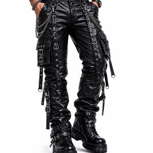 Men's Leather Cargo Pants with Chains and Straps, Gothic Punk Biker Trousers, Alternative Streetwear Fashion