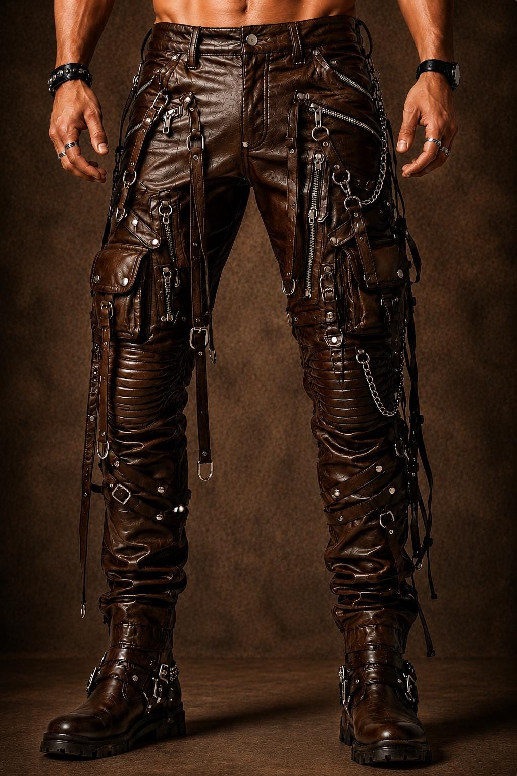Men's Brown Sheep Leather Cargo Pants with Chains, Straps and Multi Zip Pockets pant